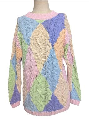Vintage OS International Pastel Cable Knit Chunky Diamond Sweater Colorful Large